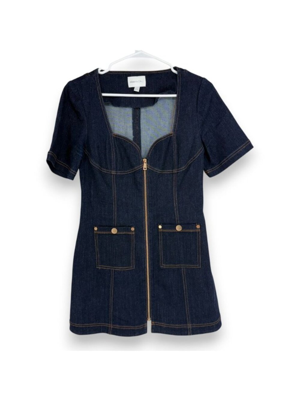 Alice McCall Women 8 Bloomsbury Mini Dress Blue Denim Zip Short Sleeve Sweethear - Picture 2 of 9